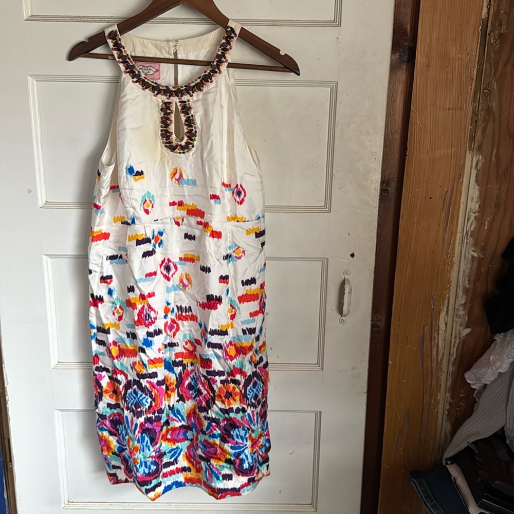 Phoebe Couture silk beaded colorful cocktail dress. Size 8